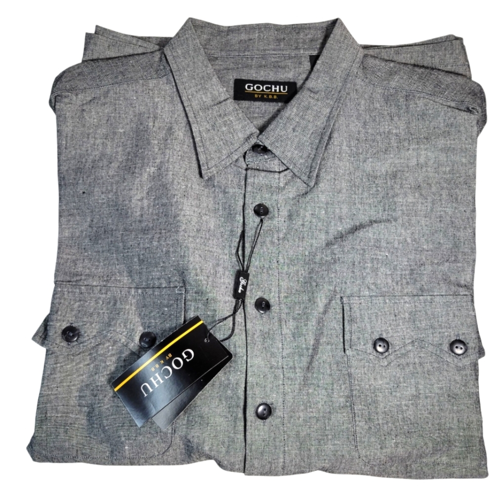 Gochu Men's Gray short sleeve linen blend button up shirt New!